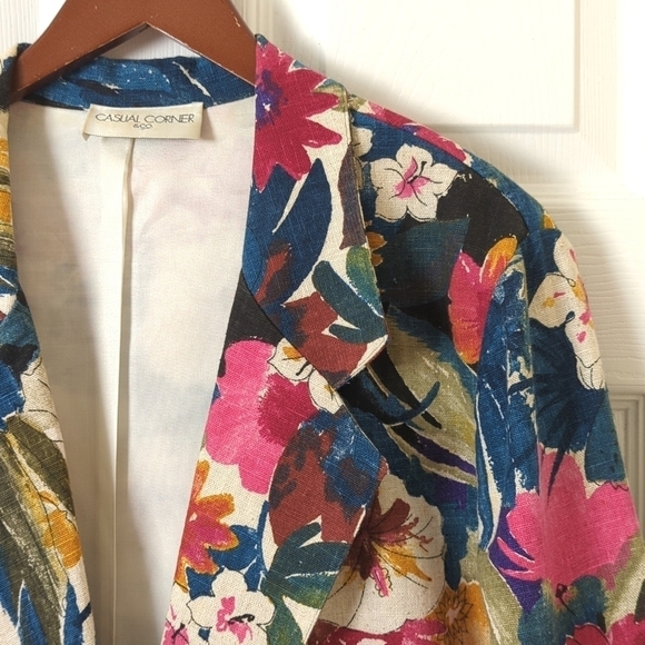 Casual Corner 80's Vintage Floral Lightweight Linen Blend Boxy Blazer Jacket L - Picture 3 of 12